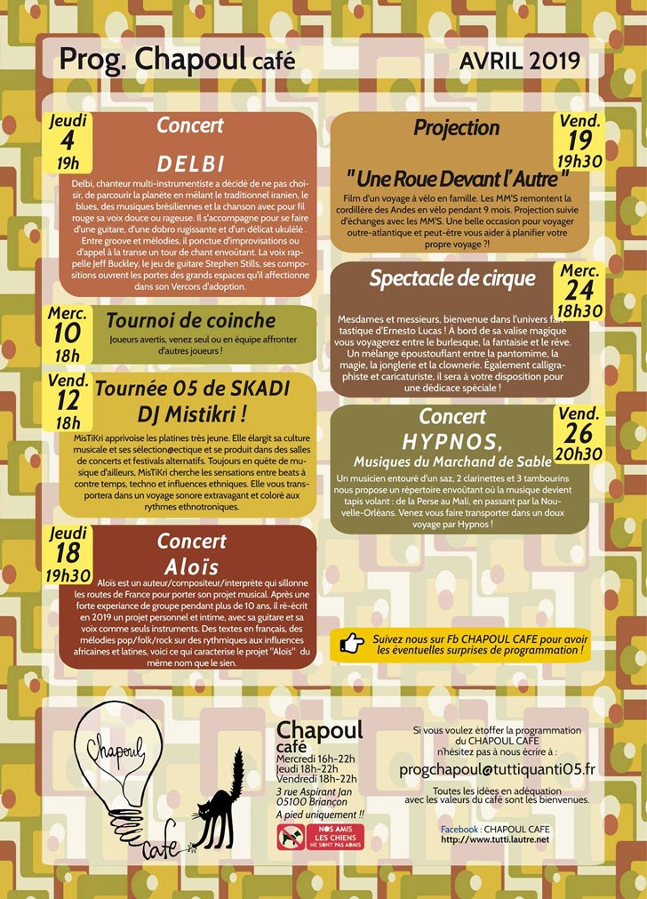 Programme juillet 2018 du Chapoul Café